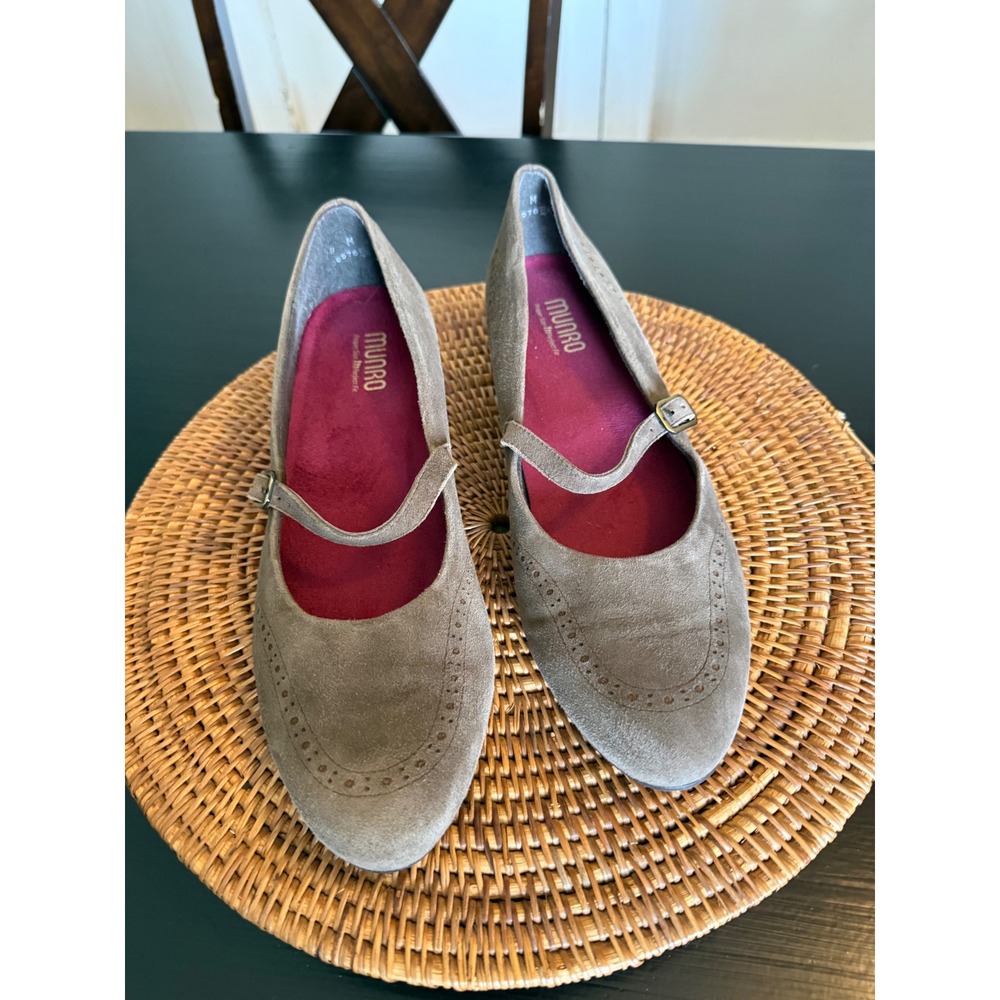 Munro American Womens 14 M Taupe Suede Mary Jane Brogue Block Heel Pumps Shoes